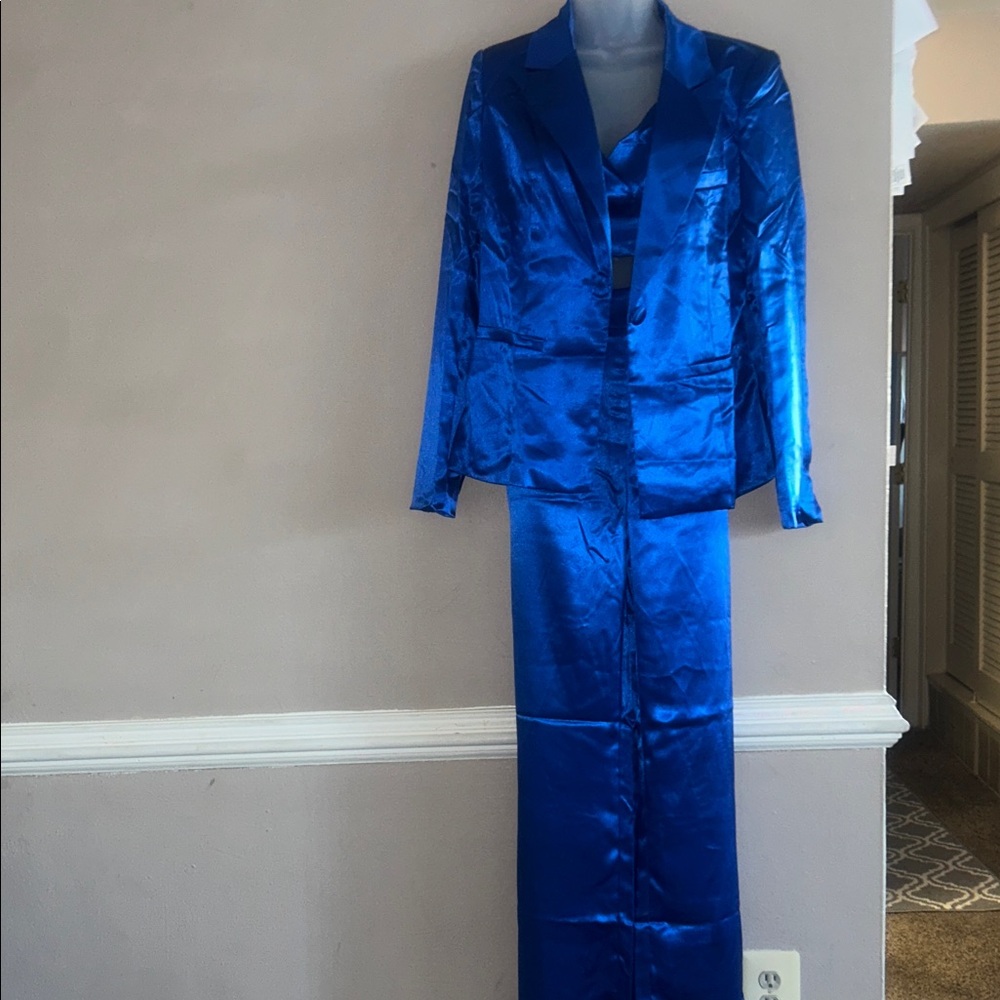 Everly Shiny Blue Blazer and Skirt Set